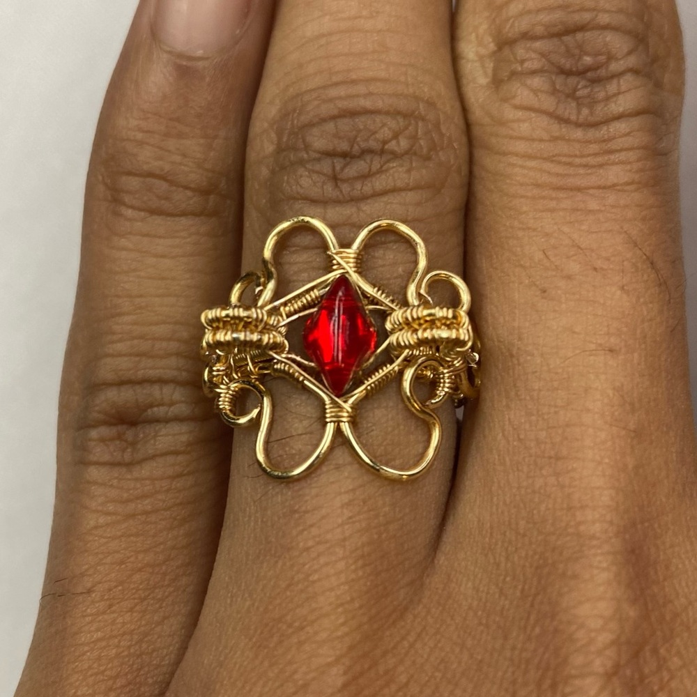 Gold Wire Wrapped Ring with Red Gem